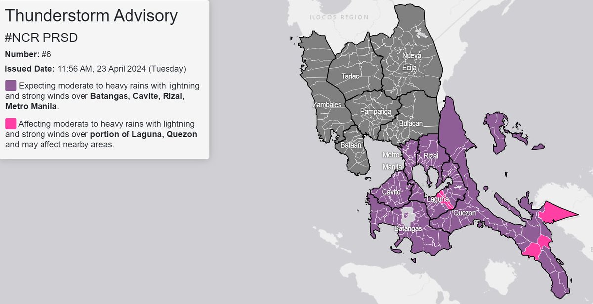 Thunderstorm Advisory No. 6 #NCR_PRSD Issued at: 11:56 AM, 23 April 2024(Tuesday) Moderate to Heavy rainshowers with lightning and strong winds are expected over Batangas, Cavite, Rizal and Metro Manila within the next 2 hours. The above conditions are being experienced in…