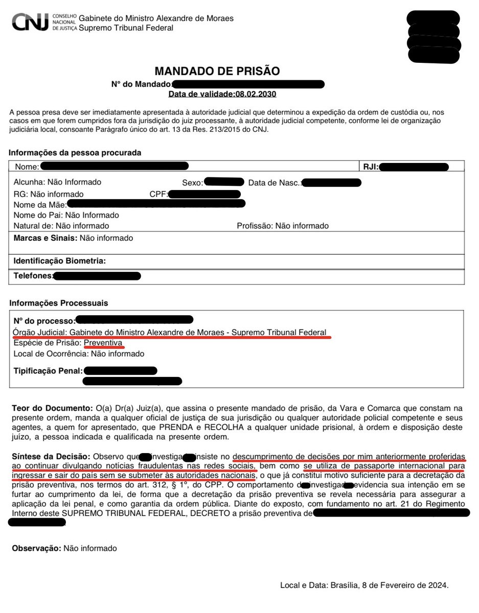 🚨#MoraesGate - Today, a preventive arrest warrant issued by Alexandre de Moraes on February 8, 2024, came to light. It targets a Brazilian individual who also holds American citizenship. The warrant lists two grounds for the arrest: 1) failure to comply with previous decisions