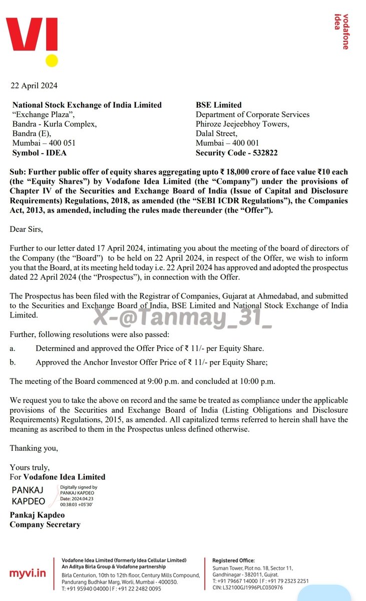 Very Important Update Vodafone Idea Board Approves Issue Of Shares At 11 /- VI FPO Allotment Will Be Done At 11 Rupees Only And The For The Extra Smart People Who Applied At 10, I have Lot Of Emotions Won't Express Said Three Times To Apply At Cut-off VI 4%⬆️