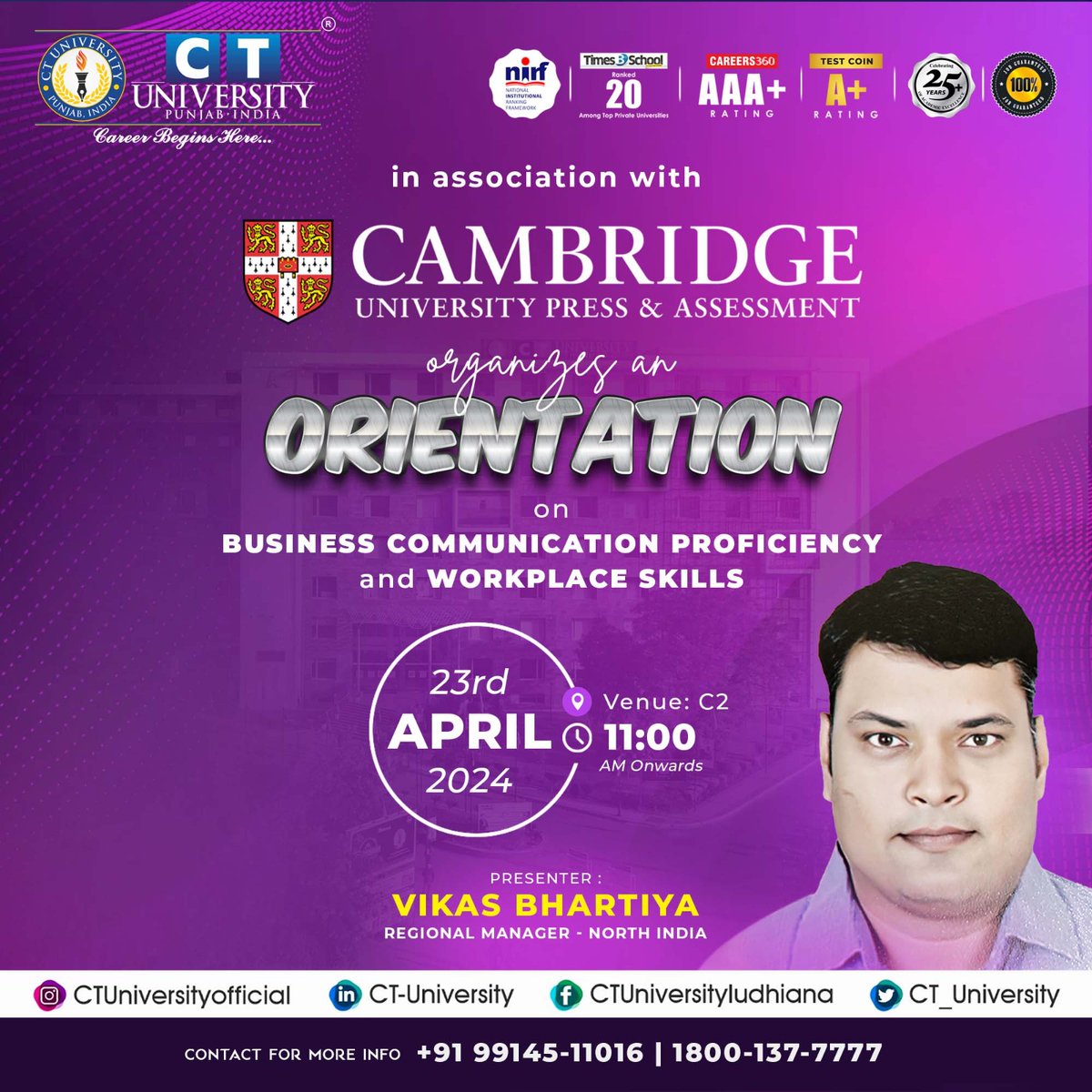 Elevate your #professional game with our #Business Communication Proficiency and Workplace Skills #orientation session! 🚀

#Join us on April 23rd at 11:00 AM in Venue C2 for expert insights from Vikas Bhartiya, Regional Manager - #North_India.

#CTU #cambridgeuniversity #TeamCT