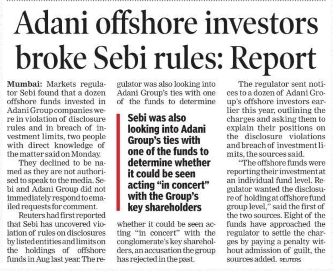 Hindenburg Report was correct. Question now is what action will SEBI take?

- Will ED be asked to investigate these offshore investor companies 
- Were these shell companies created specifically to invest in one group

Or 
- Will SEBI allow them to get away with a mere warning