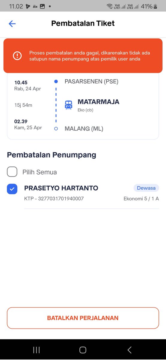 tresnay16's tweet photo. @KAI121 tolong bantuannya untuk cek tiket ini karena saya tidak bisa melakukan pembatalan. Terimakasih https://t.co/mPlrQtvnQ5
