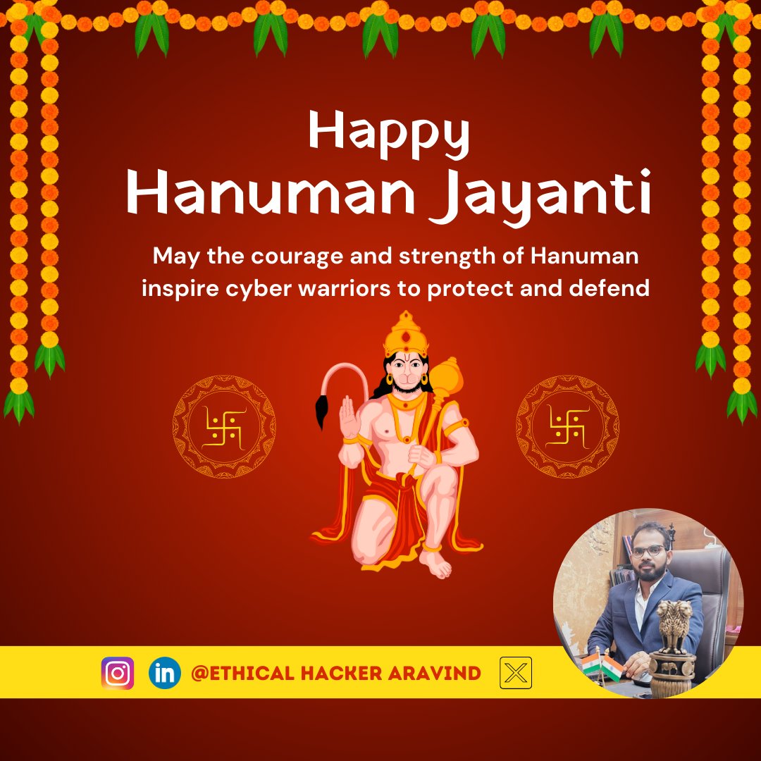 🙏🕉 Happy Hanuman Jayanthi! May the courage and 💪 strength of Hanuman inspire 💻 cyber warriors to protect and defend. #HanumanJayanthi #LordHanuman #HanumanChalisa #Devotion #JaiHanuman #EHA #EthicalHackeraravind #HFCV #SCH #HTC