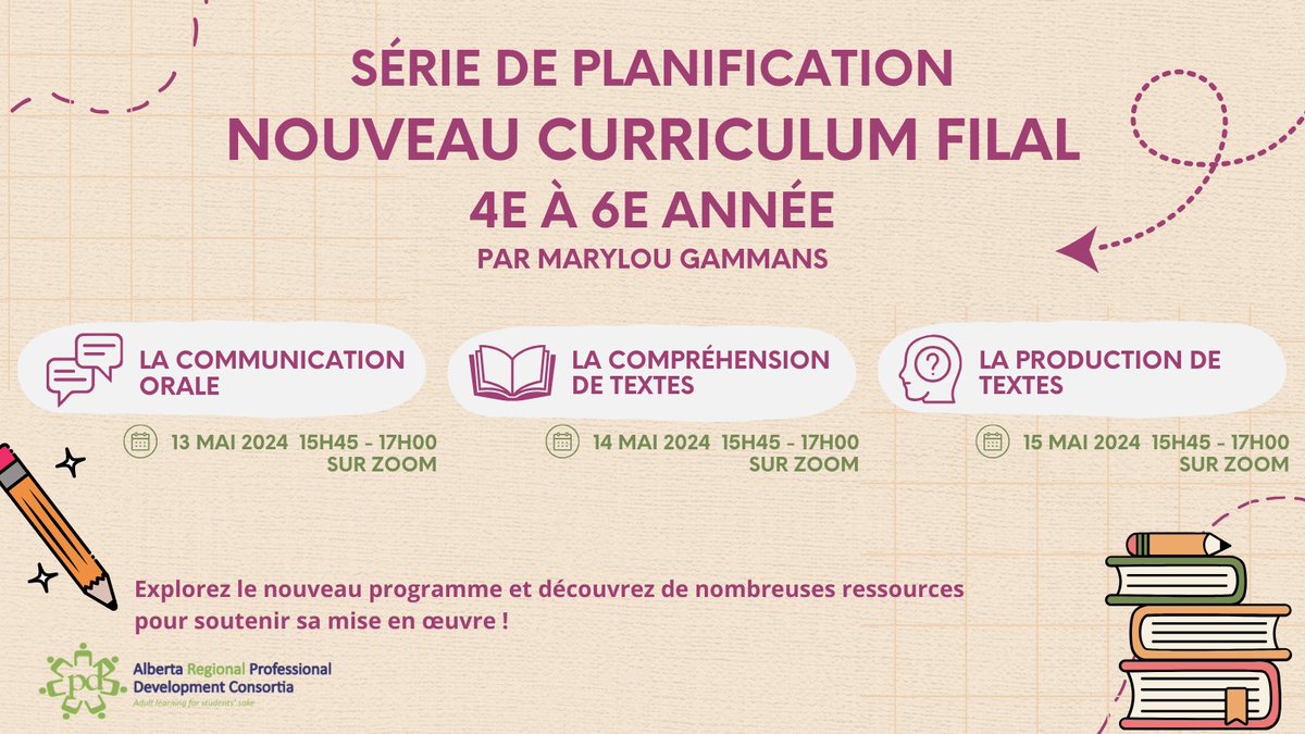 Explorez le nouveau curriculum FILAL à partir des 3 domaines de langue, i.e., la communication orale, la compréhension de textes et la production de textes. 

For French immersion teachers ➡️crcpd.ab.ca/program/12608 

<a href="/arpdc_alberta/">APLC - Alberta Professional Learning Consortium</a>