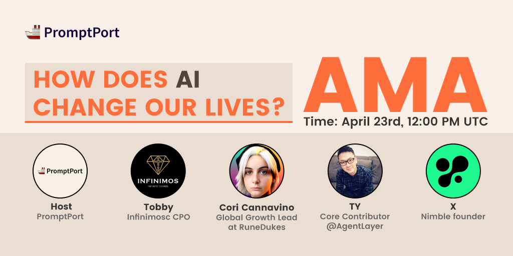 How is #AI changing our lives?🤖 We've invited @Infinimos, @runedukes @Agent_Layer, and @Nimble_Network to discuss this topic together! Join us for the AMA, where we'll be drawing 3 lucky winners live, with each receiving 10 USDT!💰 ⏰Set Spaces reminder: