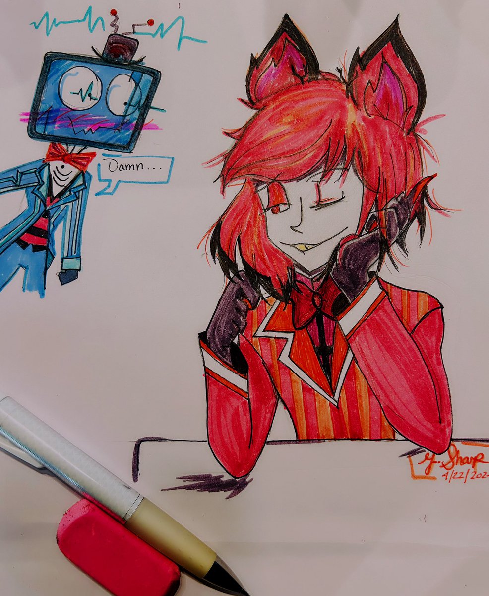 Honestly, not bad for my first ever Alastor drawing…ft a fucking Samsung reject and sluttiest waist winner. #HazbinHotel #alastorhazbinhotel #voxhazbinhotel #RadioStatic #hazbinhotelart