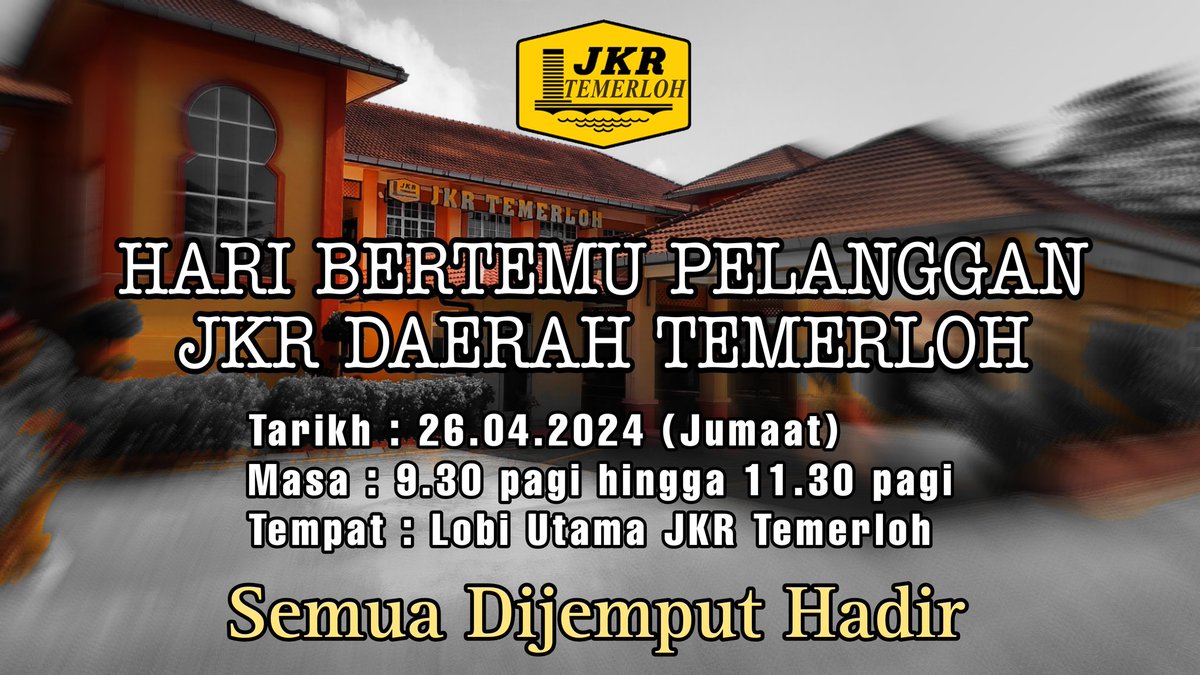 Notis Makluman

Untuk makluman Hari Bertemu Pelanggan akan diadakan seperti ketetapan berikut :

Tarikh : 26.04.2024(Jumaat)
Masa : 9.30 pg hingga 11.30 pg
Tempat : Lobi utama JKR Temerloh 

Semua di jemput hadir

Sekian, terima kasih