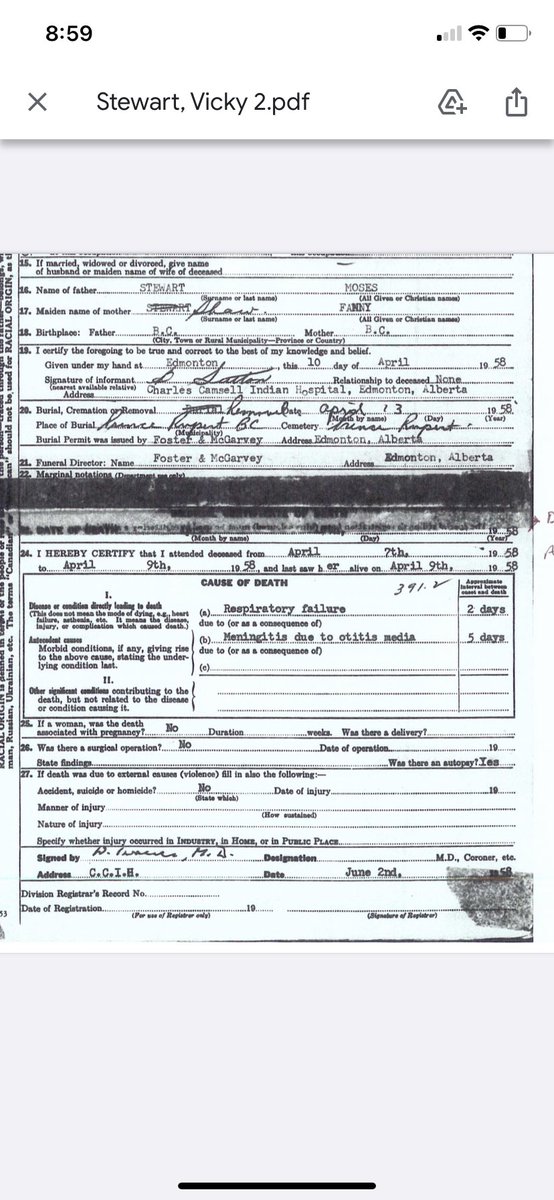 THE LIE
Kevin Annett claims residential school student Vicky Stewart was clubbed to death and had her brain removed in an effort to hide inculpatory evidence.

THE TRUTH
She died from meningitis.

THE PROOF
Death certificate