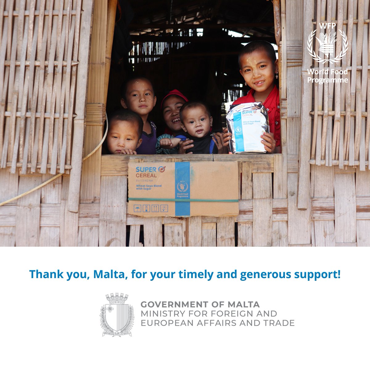WFPAsiaPacific's tweet photo. 🇲🇹Big thank you to @MFETMalta for your contribution to @WFP in #Myanmar. While millions face crises globally, it's critical that people in need in Myanmar aren't forgotten.

Malta's support will bolster our efforts to give hope to those most affected by conflict here.🇲🇲 https://t.co/kcp3ng9mKN