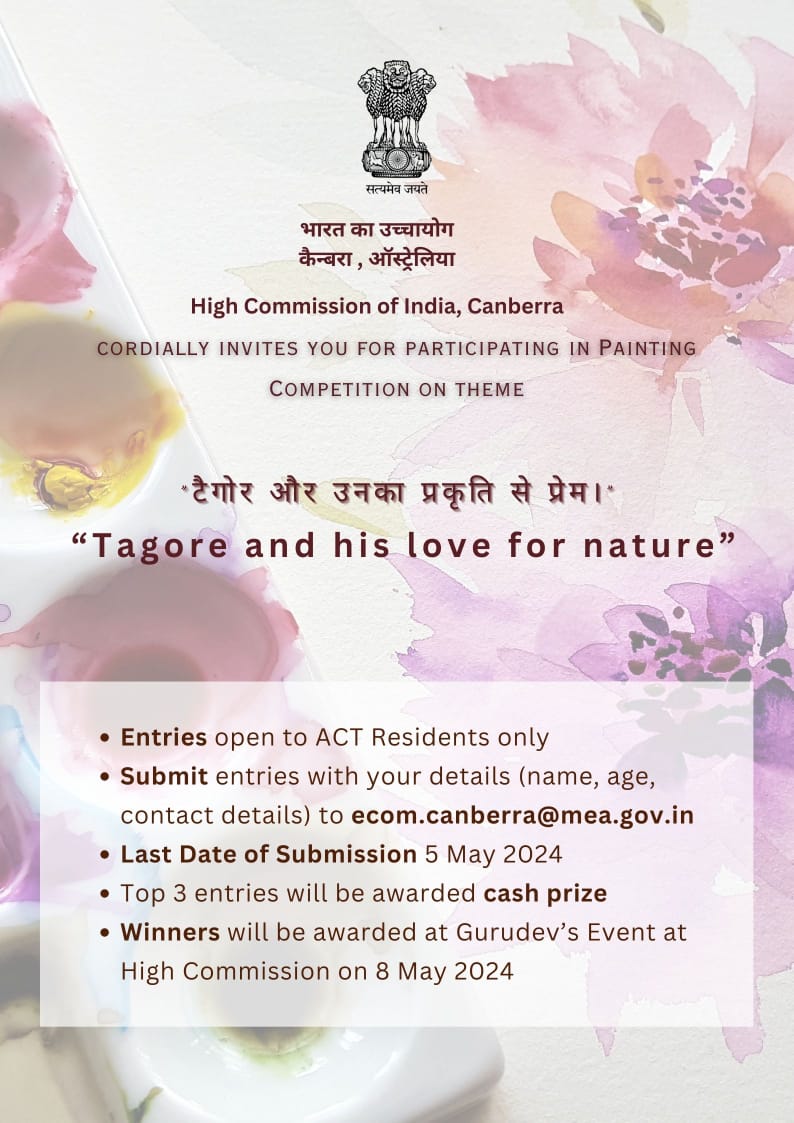 Commemorating the birth anniversary of Gurudev Rabindranath Tagore, @HCICanberra is organising painting competition. Showcase your artistic talent. Winners will be awarded cash prizes. Last date of entry submission: 5th May More details👇 @MEAIndia @IndianDiplomacy