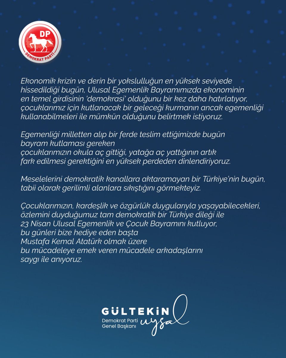 İnsanlar için şüphesiz en büyük armağan hürriyettir, özgürlüktür. Bugün, 'ulusal egemenlik' bayramını 'çocuklar'a armağan etmenin mahiyeti de bundandır. Büyük Atatürk 'Şimdiye kadar milletimizin başına gelen bütün felaketler kendi talih ve geleceklerini başka birisinin eline