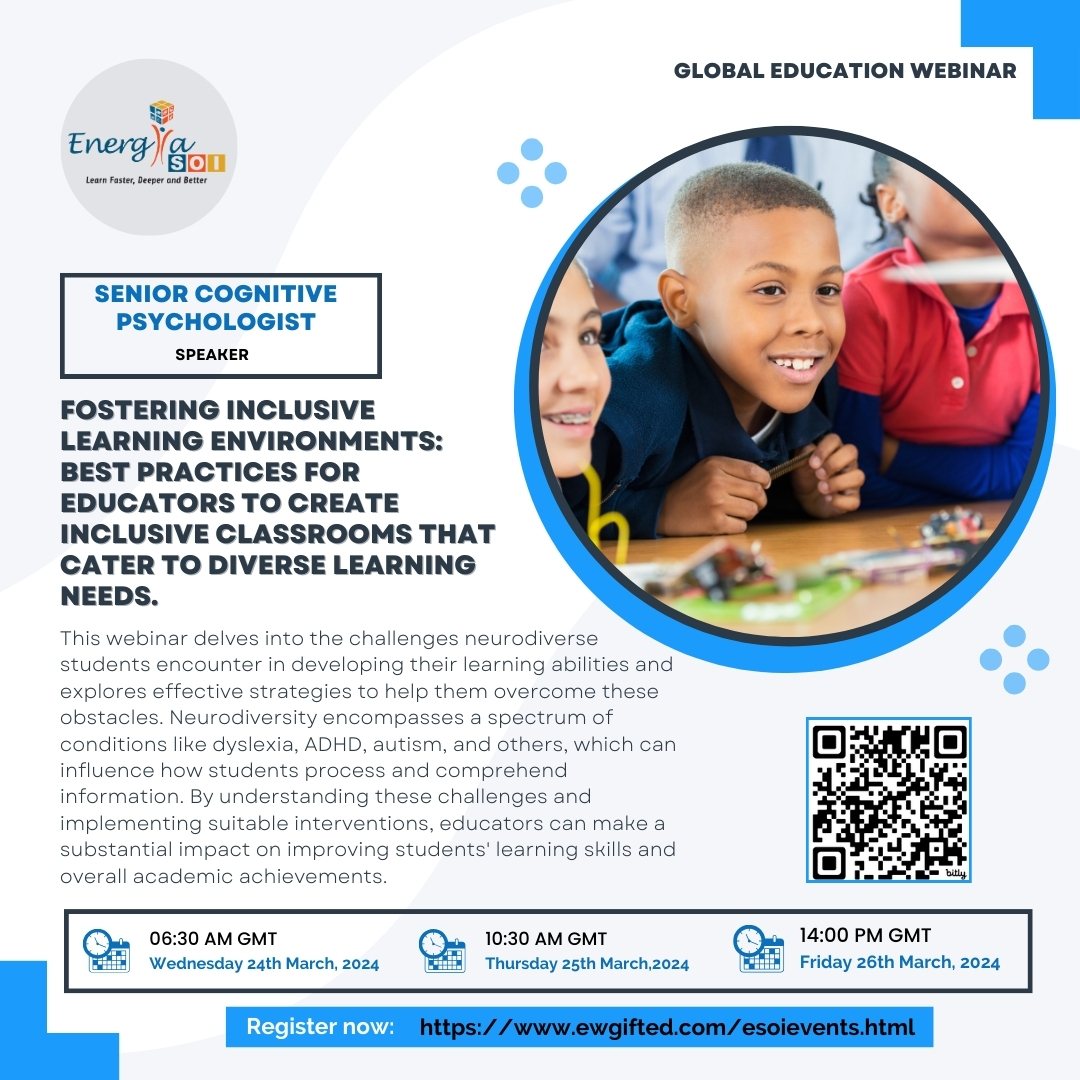 Fostering Inclusive Learning Environments: Best practices for educators to create inclusive classrooms that cater to diverse learning needs.
Register now:- ewgifted.com/esoieduevents.… 

#energia #InclusiveLearning #DiverseClassrooms #EducatorTips #InclusiveTeaching #LearningForAll