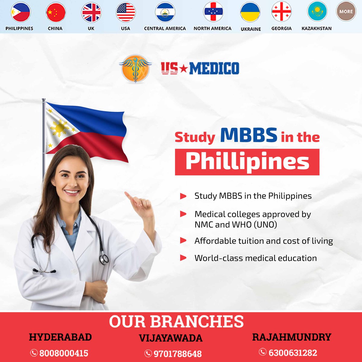 Embark on your MBBS journey in the Philippines, renowned for NMC and WHO-approved medical colleges, affordability, and world-class education

contact us:8008000415

#MBBSinphilippines #medicaleducation #NMCapproved #WHOapproved #affordableeducation #studyabroad #medicalcolleges