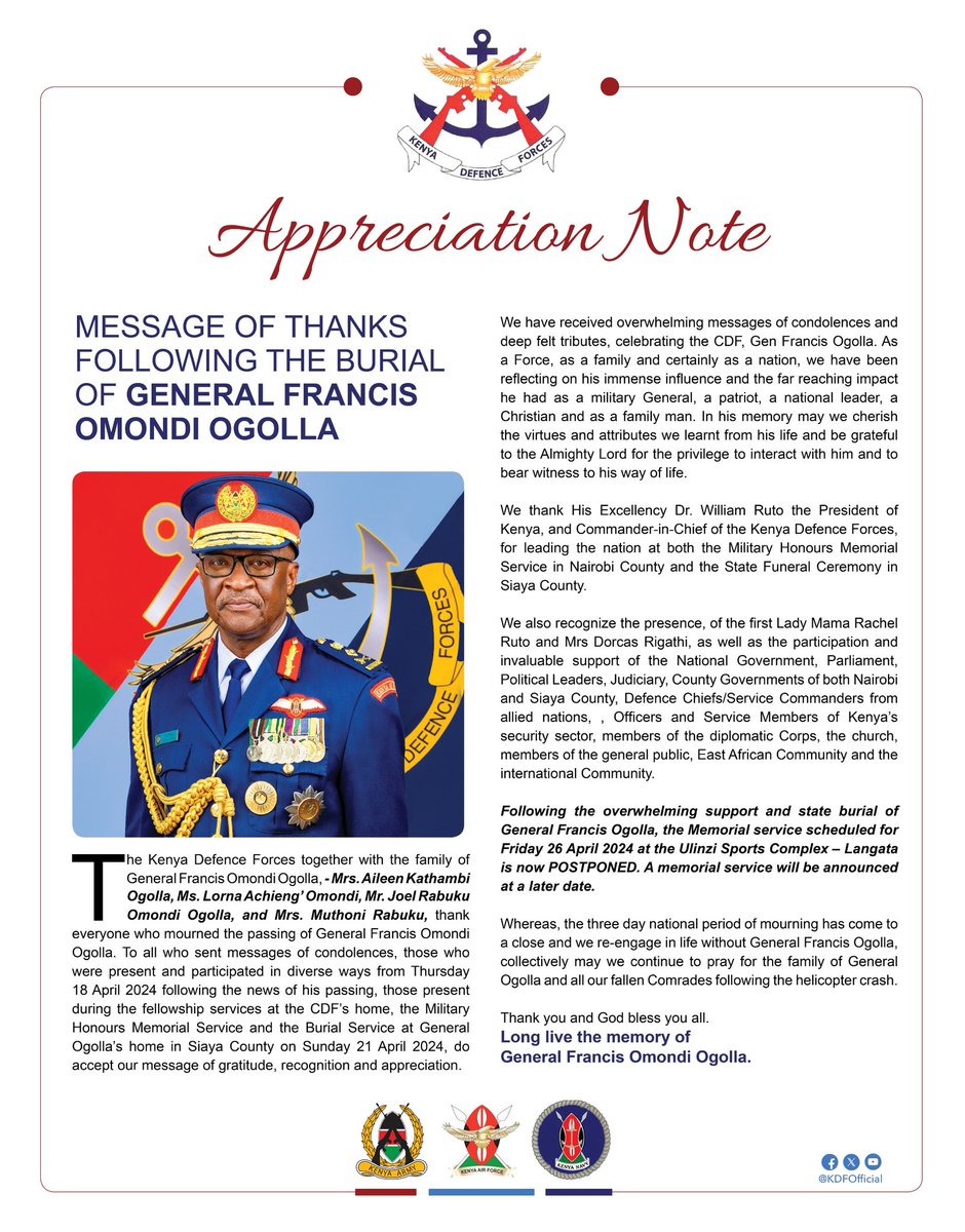 A thank you message following the burial of CDF General Francis Omondi Ogolla.