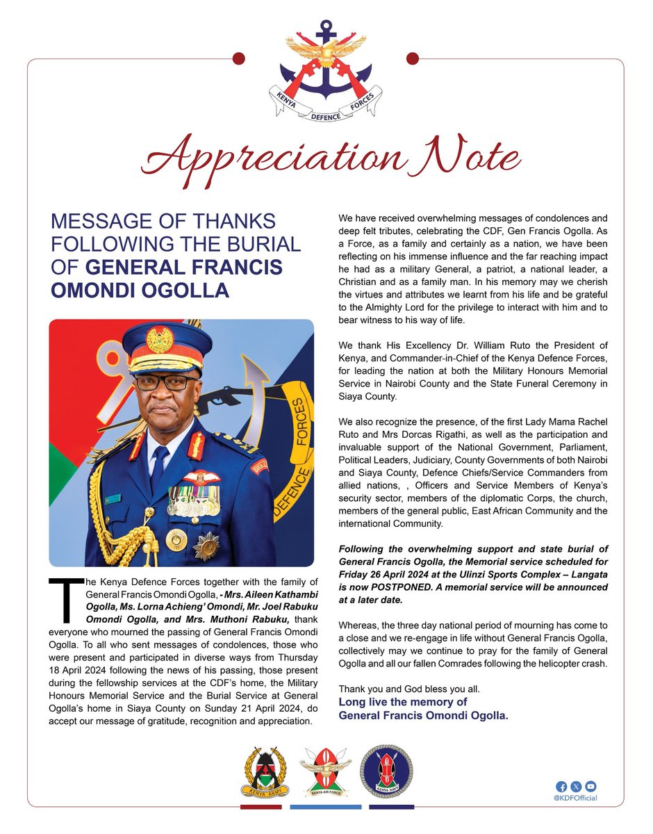 A thank you message following the burial of CDF  General Francis Omondi Ogolla.