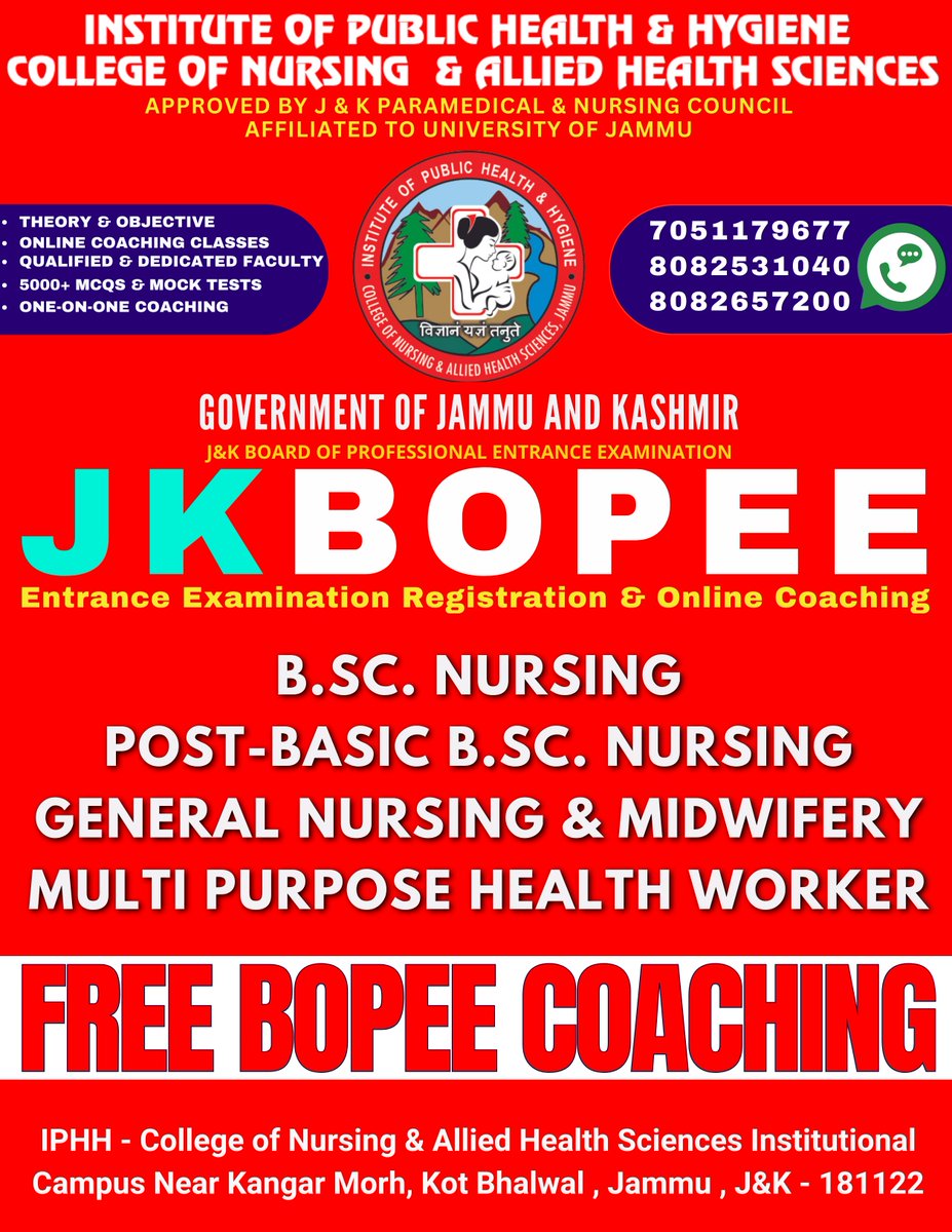 ADMISSION OPEN 2024-25
HURRY! JOIN JKBOPEE FREE COACHING AT IPHH JAMMU CAMPUS.Reach out to our admission experts at: 8082531040 8082657200 
Enroll now and embark on a rewarding Nursing journey & BOPEE REGISTRATION ASSISTANCE
 #NursingProgram #SuperheroInTraining #iphhjammu