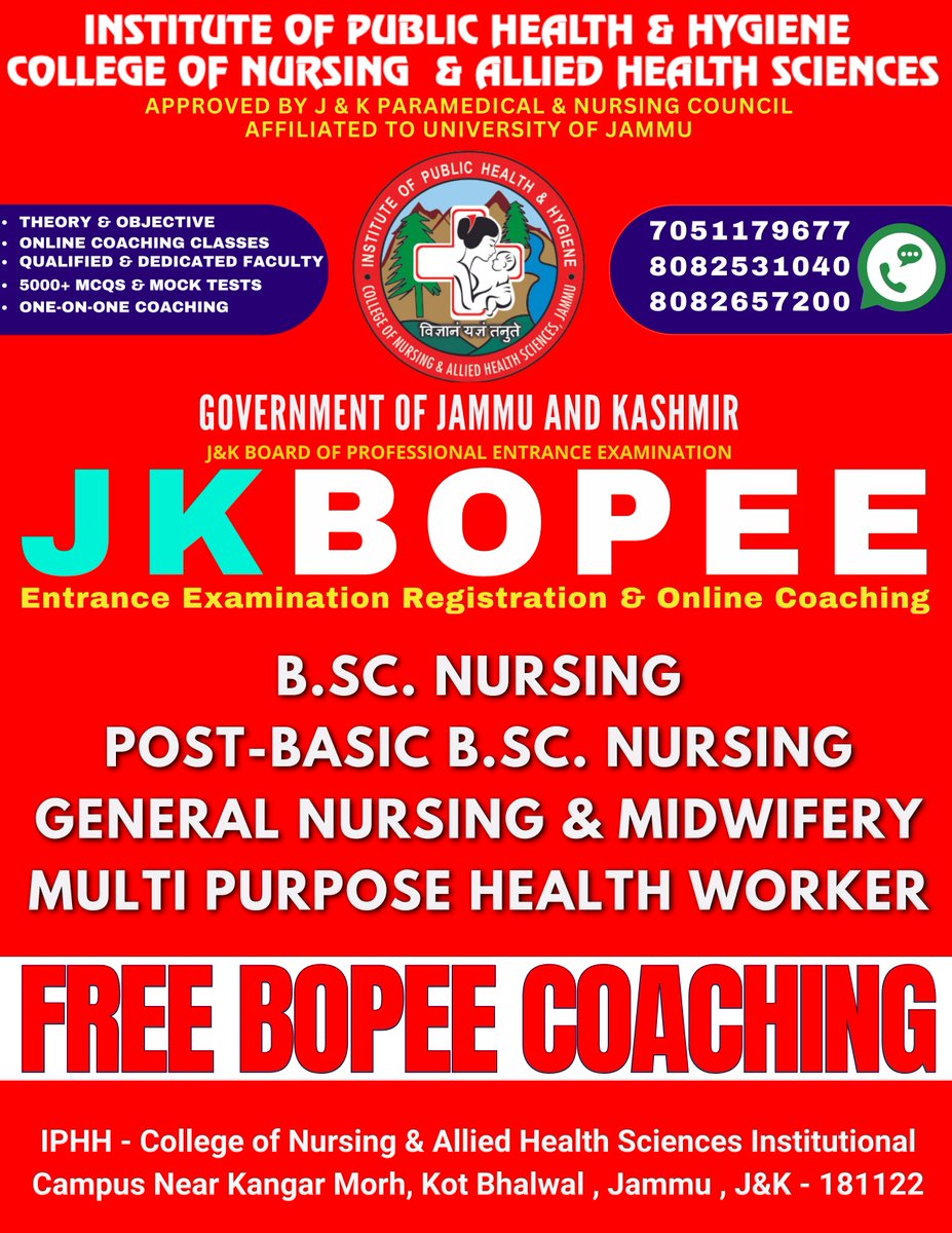 IPHHJammu's tweet photo. ADMISSION OPEN 2024-25
HURRY! JOIN JKBOPEE FREE COACHING AT IPHH JAMMU CAMPUS.Reach out to our admission experts at: 8082531040 8082657200
Enroll now and embark on a rewarding Nursing journey & BOPEE REGISTRATION ASSISTANCE
#NursingProgram #SuperheroInTraining #iphhjammu https://t.co/Cf7zCrxDkv