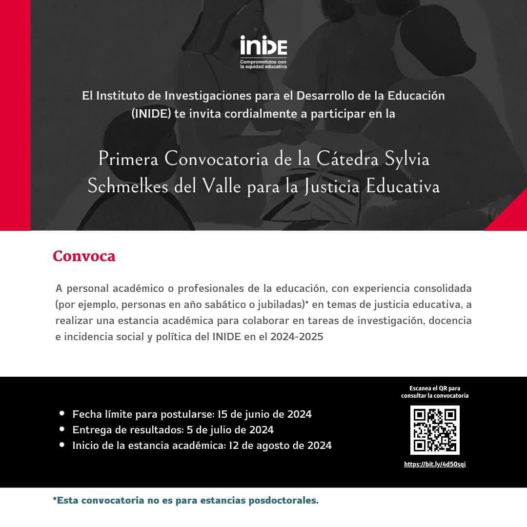 #Difusión | El @INIDEdelaUIA te invita a postularte para colaborar con tareas de investigación en torno a la justicia educativa a través de la 'Primera Convocatoria de la Cátedra Sylvia Schmelkes del Valle'. Fecha límite 👇 📅 15 de junio