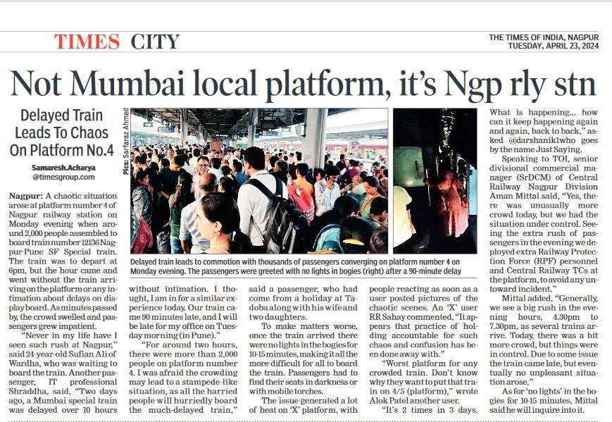 MAD RUSH: Platform No.4 of Nagpur Rly Stn resembled Mumbai's local #platform as a delayed 12136 Nagpur-Pune Special #train led to a chaotic situation on Apr 22 evening @AshwiniVaishnaw @Central_Railway @RailMinIndia @TOI_Nagpur @bolsarfaraz @soumitraboseTOI