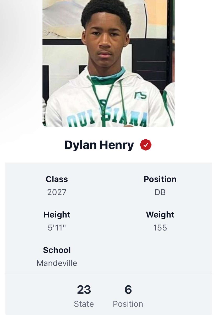 Blessed to be #23 in state and #6 db. ⁦@Rivals⁩ ⁦@JeritRoser⁩ ⁦@CAMP_HARDY⁩ ⁦@RecruitLouisian⁩ ⁦@LAvsAllYall⁩ ⁦