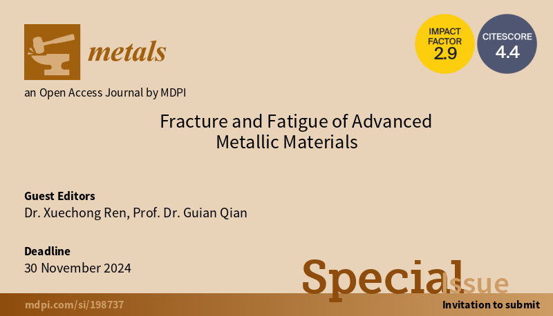 #mdpimetals

📚 We are pleased to share that the Special Issue '#Fracture and #Fatigue of Advanced #Metallic Materials' is open for submissions. 

mdpi.com/journal/metals…

🎓 Guest Editors: Dr. Xuechong Ren @USTB1952  ; Prof. Dr. Guian Qian

Welcome your contributions!