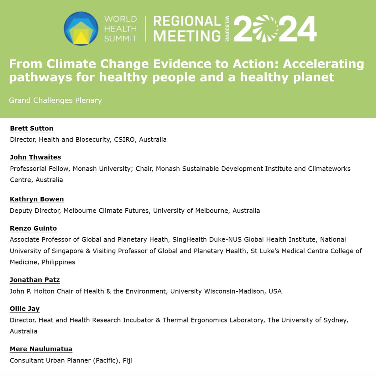 To friends at #WHSMelbourne2024, join our plenary on #ClimateHealth today at 4pm! Excited to engage in a conversation with colleagues working to advance #PlanetaryHealth 🌏