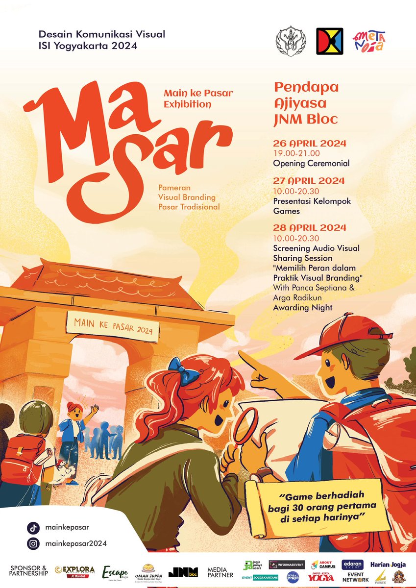 Halo untuk warga Jogja (atau sekitarnya)! 👋
Mempersembahkan Pameran Visual Branding dari angkatan DKV ISI Yogyakarta 2022 "Metanoia", kami mengundang kalian untuk menjelajahi pasar melalui Pameran Masar 'Main ke Pasar' ✨🏃‍♀️🛍
Kami tunggu kedatangannya yaa ☺✨
#MainkePasar2024