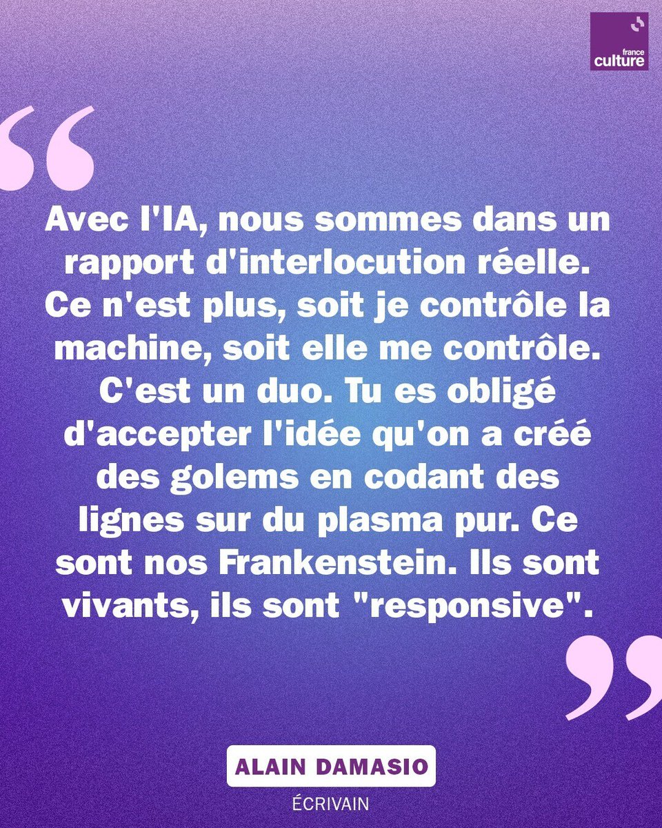 Avec les IA, nous avons créé un 'Frankenstein', selon l'écrivain Alain Damasio, qu'il faut désormais apprendre à comprendre, pour ne pas être soumis à la machine. ➡️ l.franceculture.fr/HxD