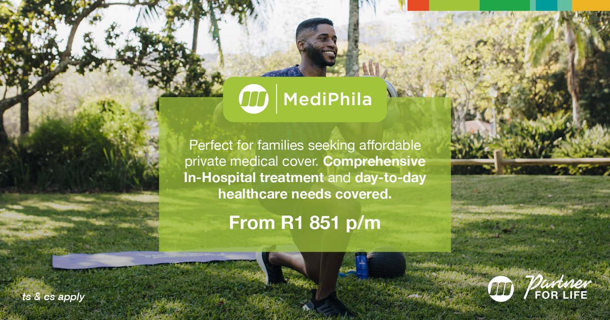 Ease the stress of hospital & medical costs with MediPhila! Medical cover from only R1851 pm. Focus on healing, we’ve got the rest. Click the link for a quote - bit.ly/3LoJtmE

#MedshieldSA #MediPhila #PartnerForLife #healthcare