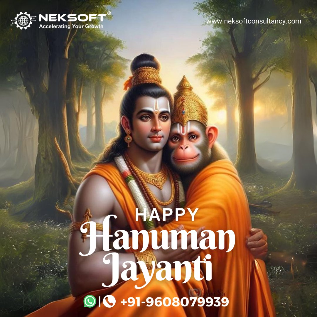 'Happy Hanuman Jayanti! 🙏 May Lord Hanuman bless you with strength, wisdom, and courage. Wishing you joy, prosperity, and success on this auspicious day. #HanumanJayanti #Blessings #Strength #NeksoftConsultancyServices #india #netherlands #germany #usa