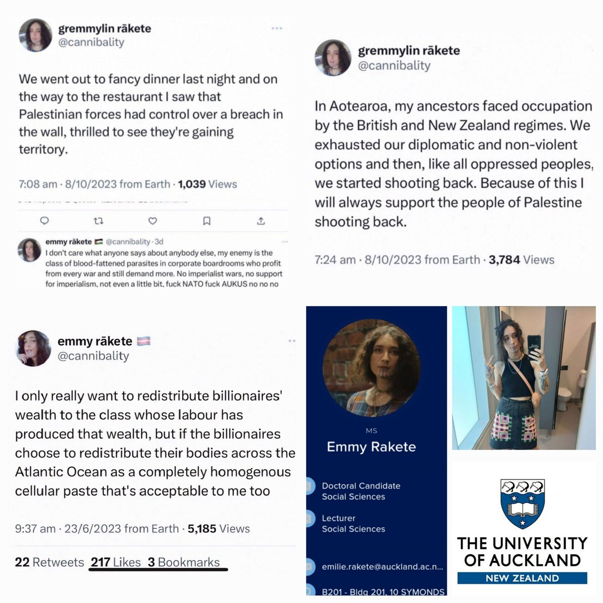 🚩The cesspit of hate & dysfunction at @AucklandUni

🔴 This is Emmy Rākete a lecturer at Auckland University

🔴 RāKete posts are vile & of concern which also advocates violence 

🔴 Note the post regarding her joy regarding October 7 terrorist attack.

@EricaStanfordMP