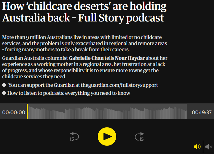 'How ‘childcare deserts’ are holding Australia back' - great podcast by @NourHaydar @GuardianAus. Listen to it on Spotify or here: theguardian.com/australia-news… #auspol