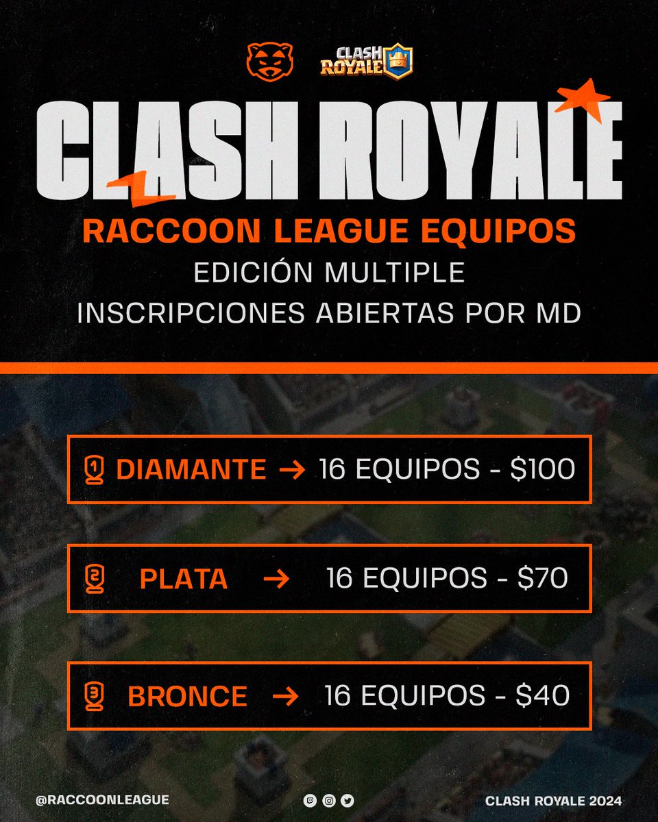 ¡𝗜𝗡𝗦𝗖𝗥𝗜𝗣𝗖𝗜𝗢𝗡𝗘𝗦 𝗔𝗕𝗜𝗘𝗥𝗧𝗔𝗦! - 🦝 #RaccoonLeague Torneo Múltiple Edición en #ClashRoyale ⚔️ Doble eliminación 🗣️ Partidos arbitrados 📓 Roster abierto hasta semifinales ¡Mas informacion al MD! 📩