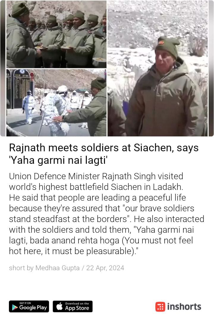 Yahan garmi nhi lagti.....
Bada anand rehta hoga !!!

RM...in Siachen ... 

Wah !!!