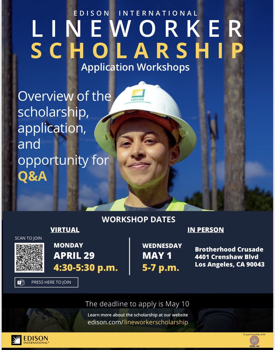 Spread the word about ⁦@SCE⁩ Lineworker Scholarship Workshop at the Brotherhood Crusade YouthSource Center on May 1st. Also, the virtual workshop in April 29th #Edison#SCE#GreatJobs