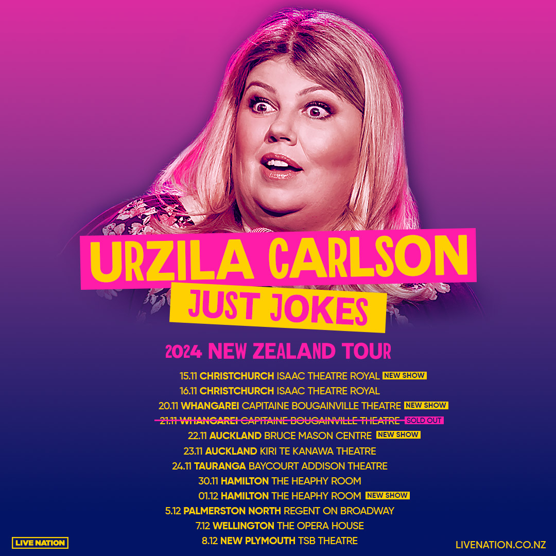 Auckland, Christchurch, and Hamilton! 📣 Due to overwhelming demand, @UrzilaCarlson has added shows to her successful 'Just Jokes' regional tour! 🎟️ Tickets on sale now! Don't miss out! lvntn.com/UrzilaNz24