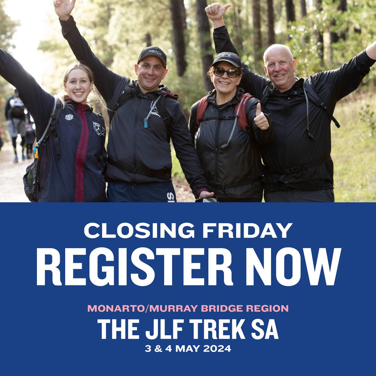 This is your last week to register for The JLF Trek SA 2024! Registrations are closing this Friday the 26th April. 

We are looking forward to exploring a new area through Monarto, Rocky Gully and Kinchina Conservation Park.

Register your spot today at bit.ly/JLFTrekSA2024