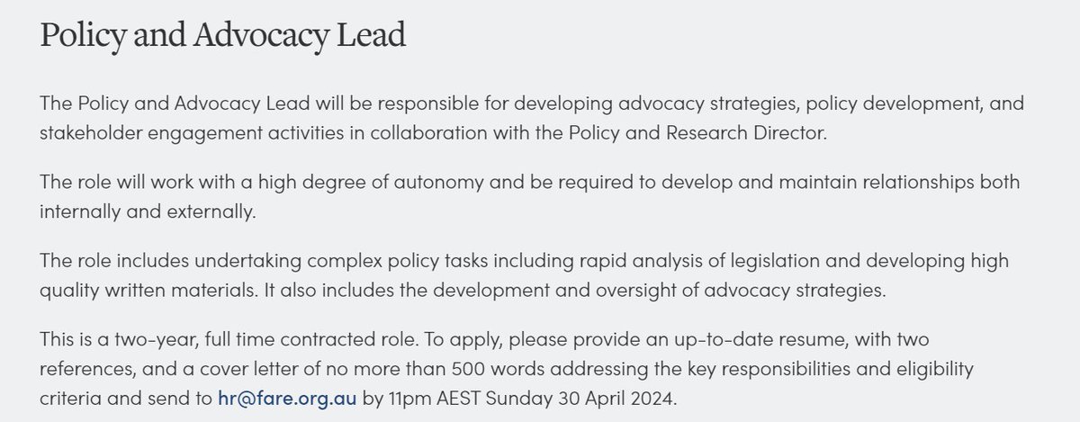 Looks like an interesting role going at @FAREAustralia fare.org.au/about/careers/