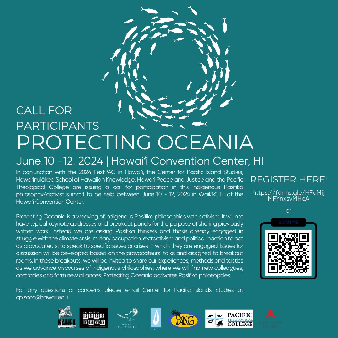 Join Protecting Oceania @ 2024 FestPAC! 📢#savethedate June 10-12, 2024 @ Hawaiʻi Convention Center in Waikīkī, HI🌊📍. Calling all Pasifika thinkers and activists📢. Student workers needed, stipend provided. Email cpiscon@hawaii.edu for details #ProtectingOceania #FestPAC2024