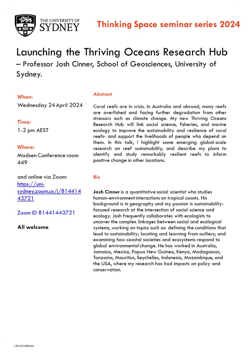 You are invited to join us for a THinking Space seminar series presentation by @JoshuaCinner to launch the Thriving Oceans Research Hub tomorrow at 1pm AEST onine and in Madsen. Details below (Zoom ID 81441443721).