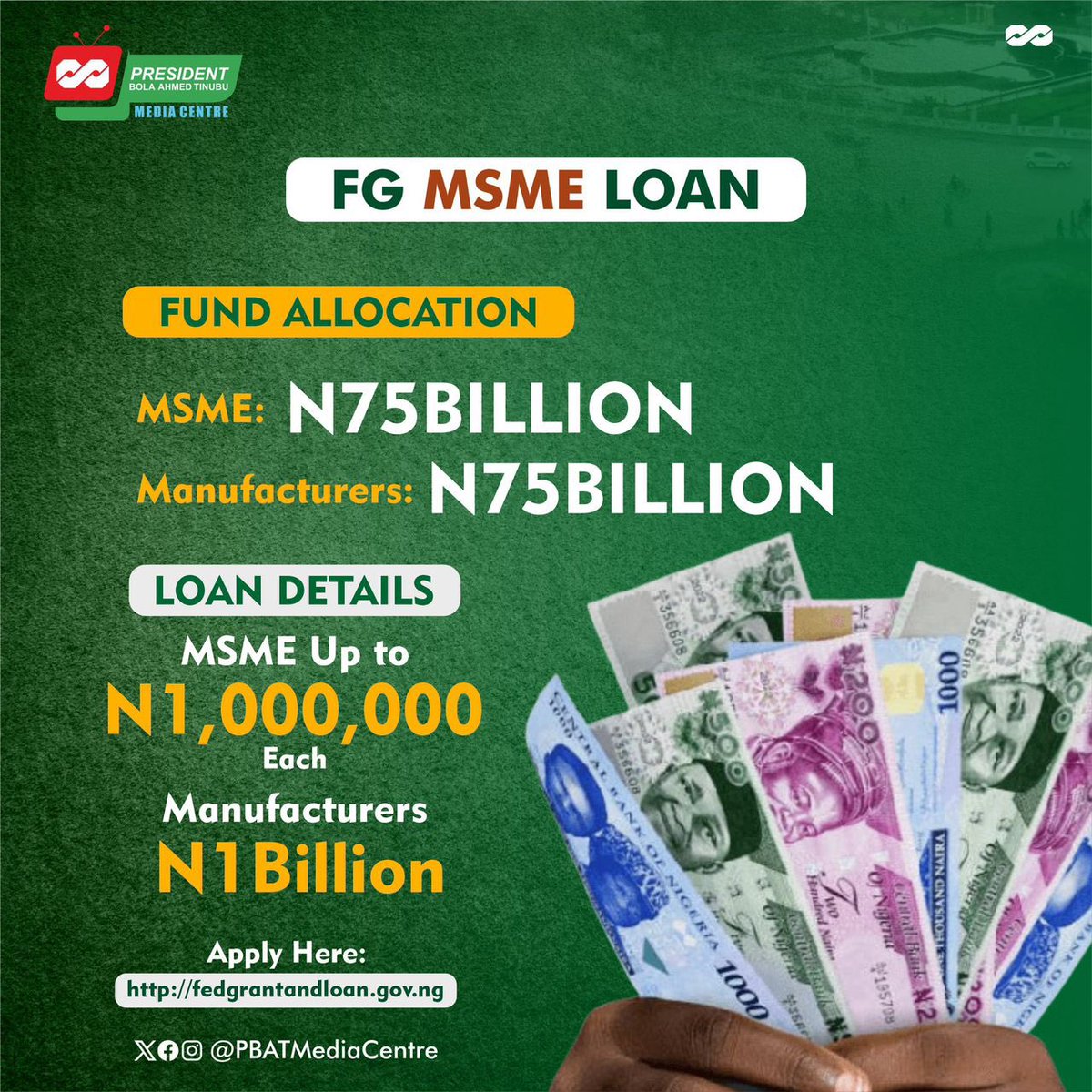 The loan disbursement for MSMEs and the manufacturing sector has started, this aims to boost economic growth and industries Loan Details: MSMEs: Up to 1M Naira Manufacturers: Up to 1 Billion Naira Link: fedgrantandloan.gov.ng #BelieveInPBAT