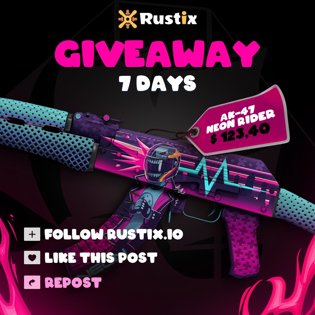 🎁AK-47 | Neon Rider (123$)🎁 

❤️TO ENTER; 

✅Follow me + @Rustix_io
✅RT + Like 
✅Tag a friend 

⌛Giveaway ends in 7 days! 
#CSGOGiveaway #csgofreeskins #CSGO #csgoskinsgiveaway #CS2