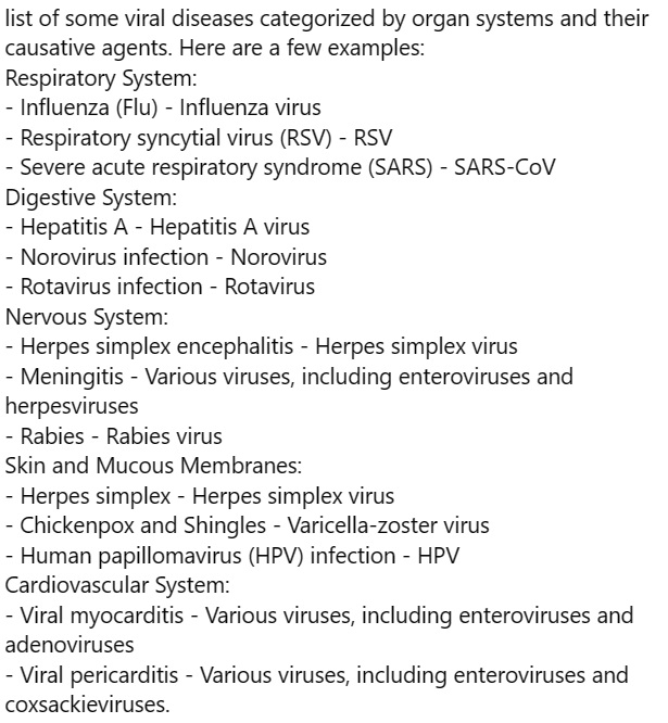 list of some viral diseases categorized by organ systems and their causative agents. Here are a few examples:
 #ViralDiseases, #StayHealthy, #FightTheVirus, #ViralOutbreak, #VirusPrevention, #StayProtected, #ViralInfections, #VirusAwareness, #SpreadAwareness, and #StaySafe.