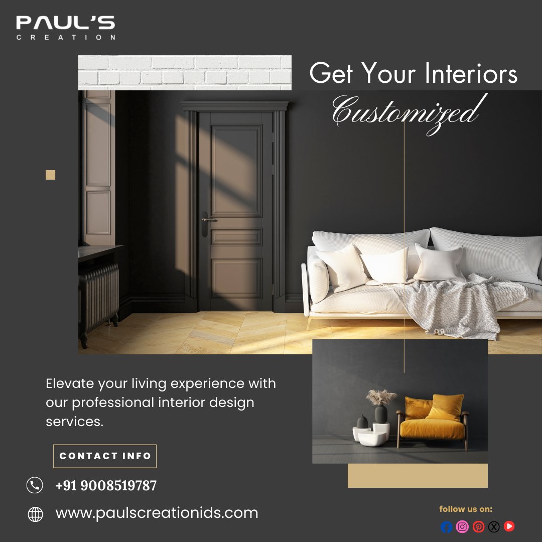Create a unique living space with Paul's Creation.  Our team will work closely with you to design a customized interior that suits your style and preferences. 
🌐paulscreationids.com
📌maps.app.goo.gl/qJVuAJ6vBD4RmJ…

#paulscreation #interdesignstudio #bangalore #designinterior