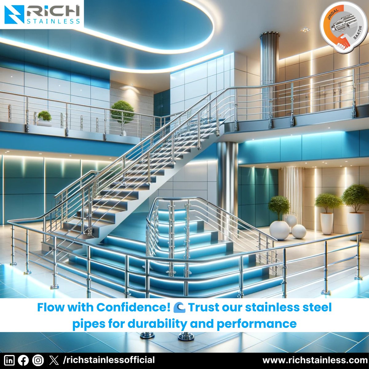 Your trusted partner for all things stainless steel. #stainlesssteelpipe #richstainless #jindalsteel #metalfabrication #stainlesssteelstaircase #architecture