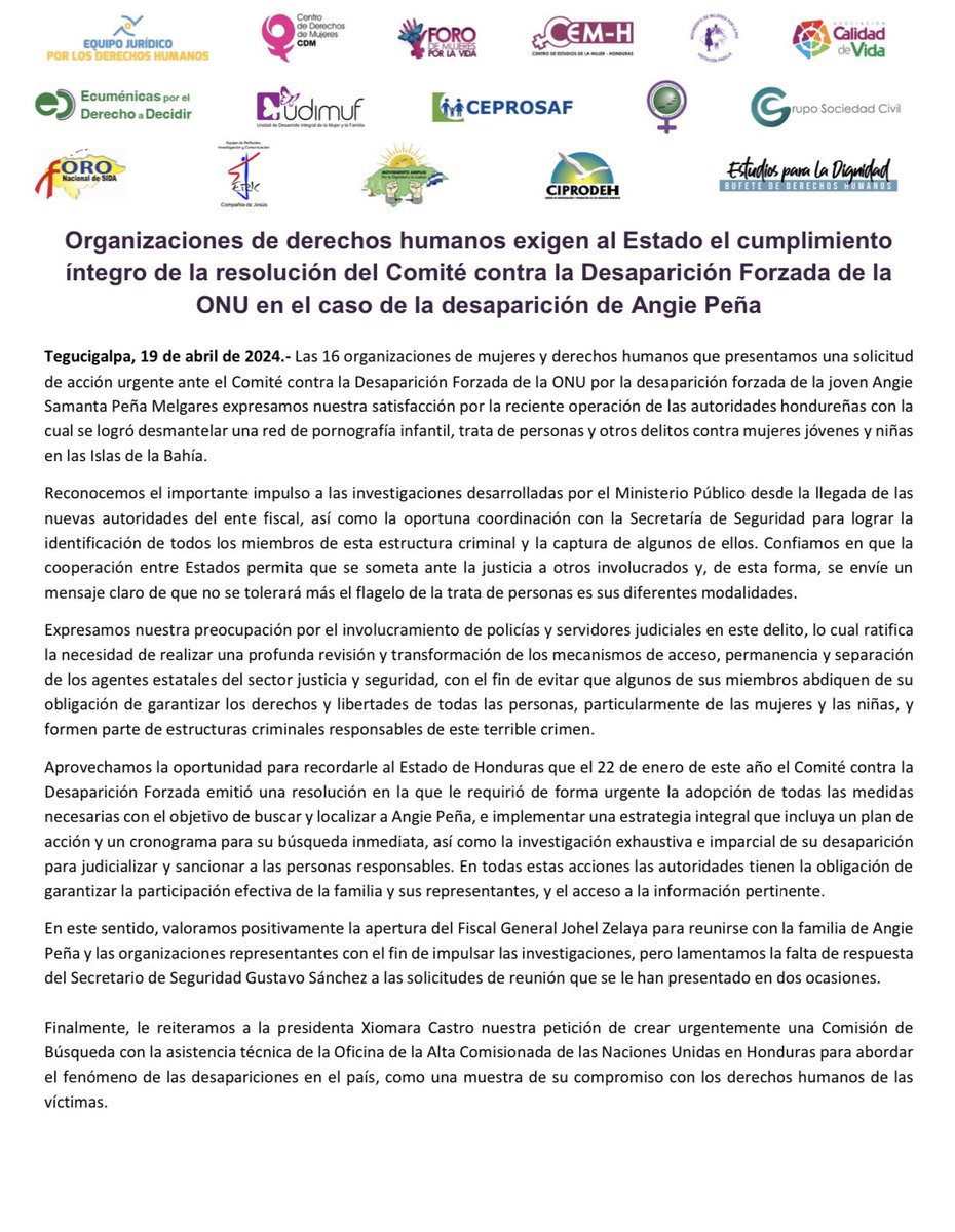 Gracias por el apoyo a todas las organizaciones presentes sin ustedes no hubiese sido posible. Justicia para Angie Peña y todas las demás niñas y mujeres desaparecidas en Honduras. No podemos permitir que estos casos sigan impunes. Apenas es el comienzo. #justiciaparaAngiePeña