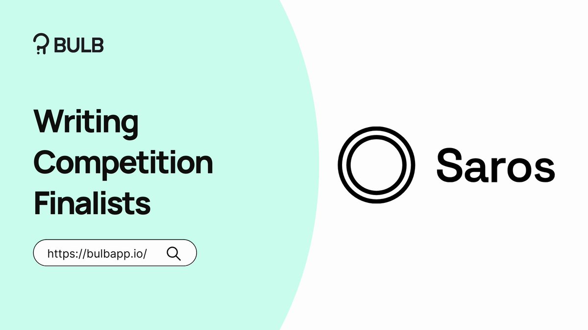 Howdy BULBers 🤠 We were delighted to see so many great articles from the community for the @Saros_xyz writing competition. It was a close race but your 3 finalists are 👏 Wangsmith - bulbapp.io/p/d0f181ce-9e3… Fred- bulbapp.io/p/922f4880-23a… Chiamaka Duru -…