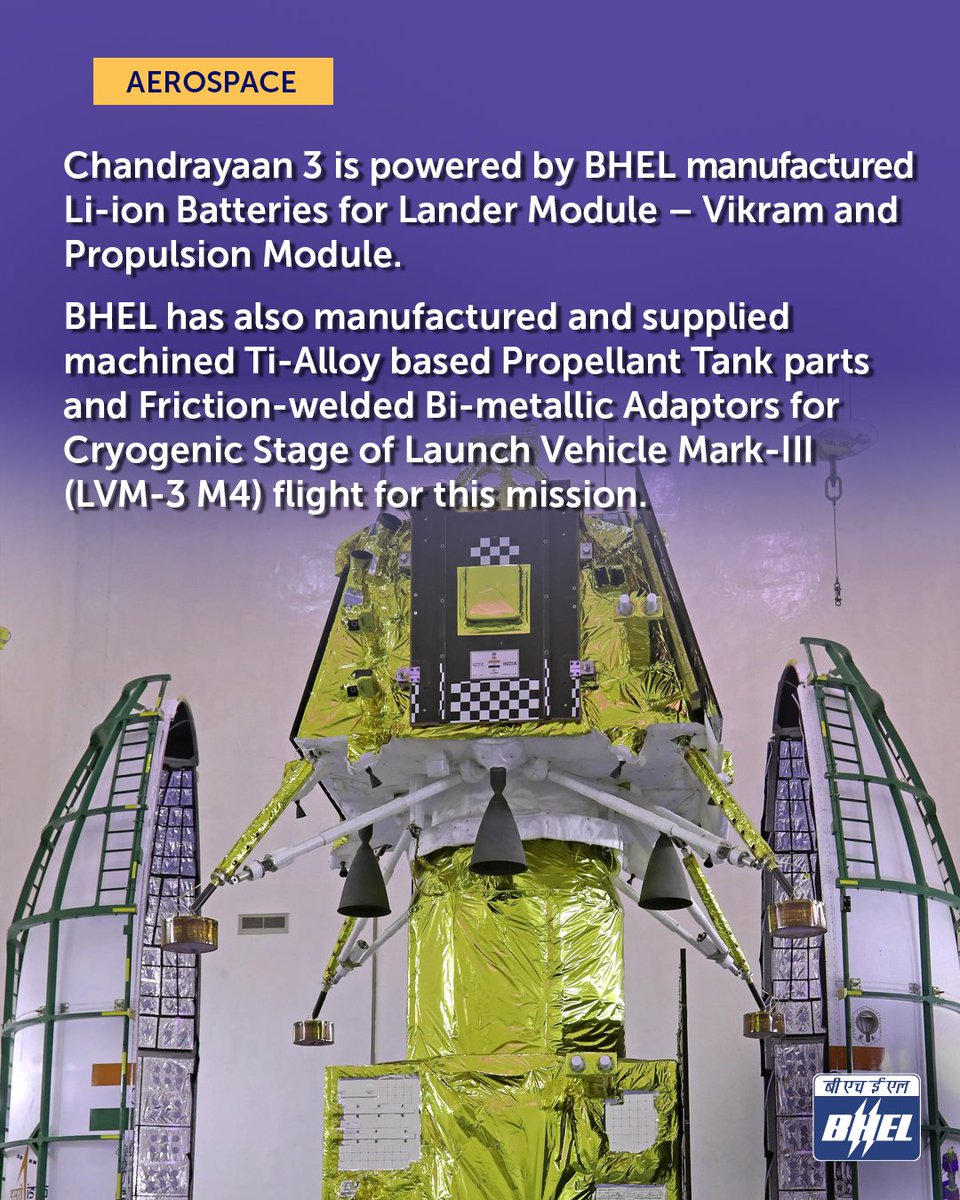 #BHEL has supplied space-grade solar panels and space grade lithium-ion batteries for most of the satellites launched by #ISRO. The company is dedicated in its commitment to offer technological and engineering solutions that pave the way for a #ViksitBharat. #Aatmanirbharbharat