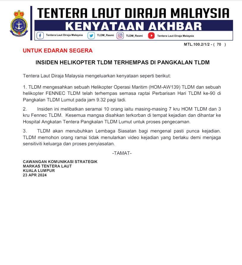 Innalillahiwainnailaihirojiun. Al-Fatihah. Takziah diucapkan kepada seluruh keluarga 10 mangsa yang terkorban akibat tragedi pertembungan helikopter TLDM. Difahamkan pertembungan berlaku ketika latihan sempena Sambutan Hari Ulang Tahun TLDM ke-90. Semoga ahli keluarga tabah…