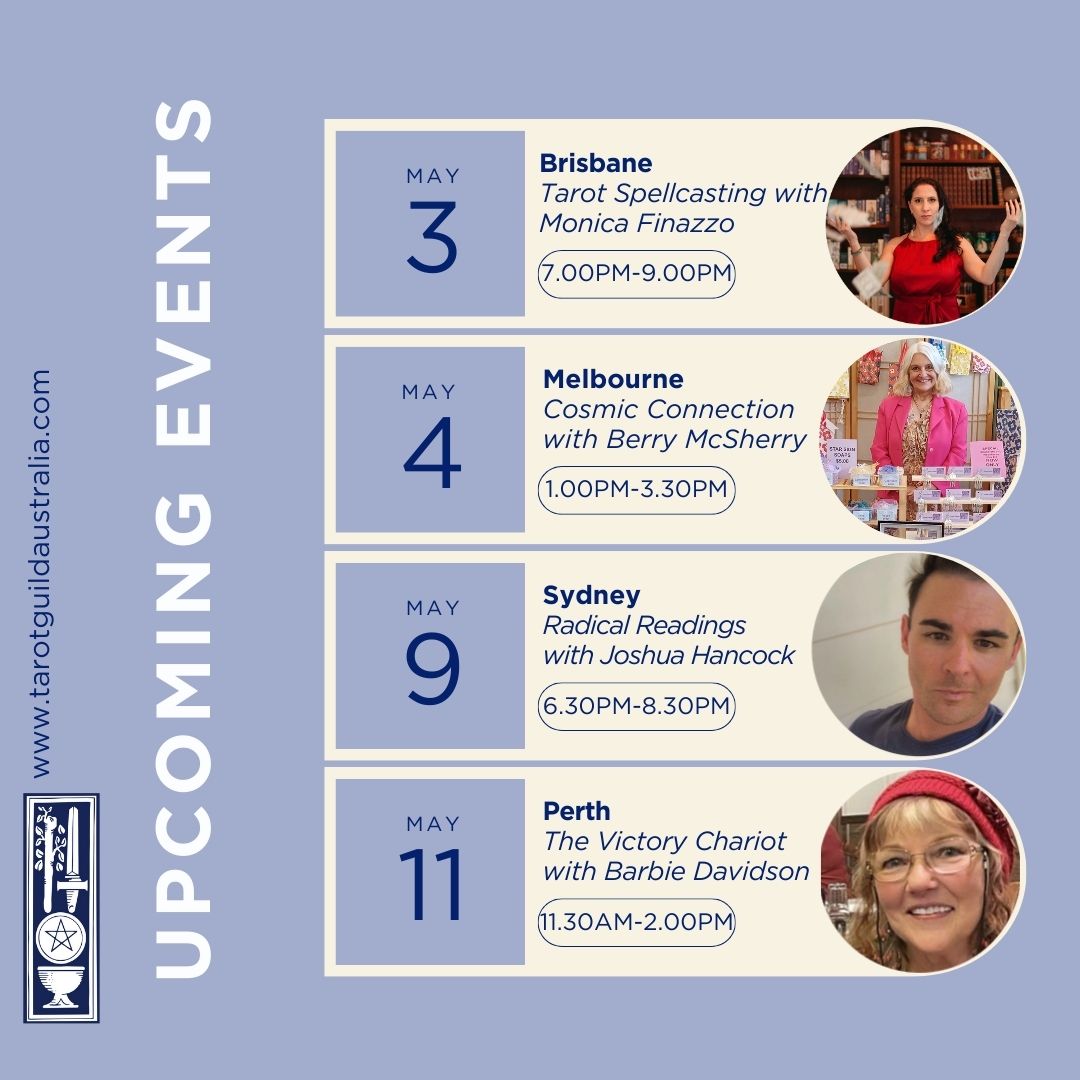 TarotGuildAus's tweet photo. Upcoming May events at the Tarot Guild of Australia, hope to see you there! https://t.co/hlqaslJkzW
#tarotguildaustralia #tarot #tarotworkshop #tarotreading #tarotcards https://t.co/hiLMz4rk3U